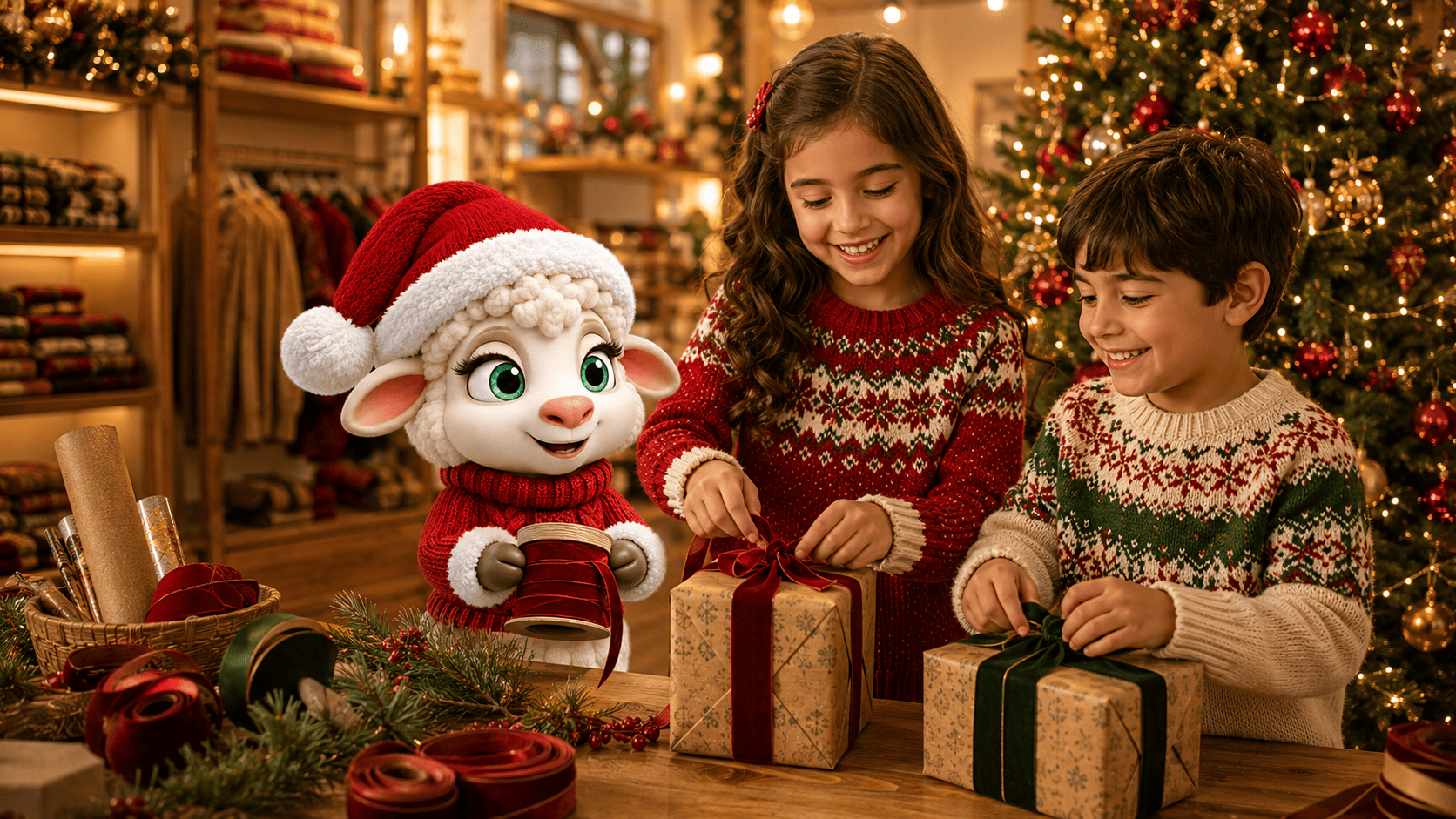 Niños con buzos navideños coordinados preparando regalos con Navi