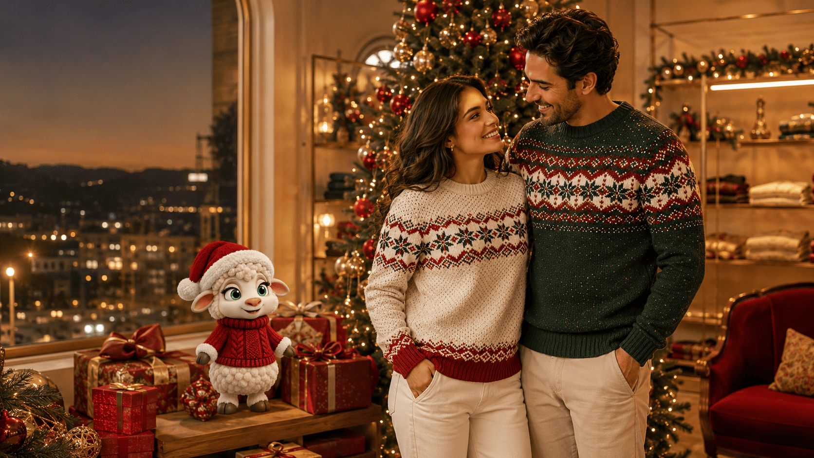Pareja con buzos navideños coordinados acompañada por Navi