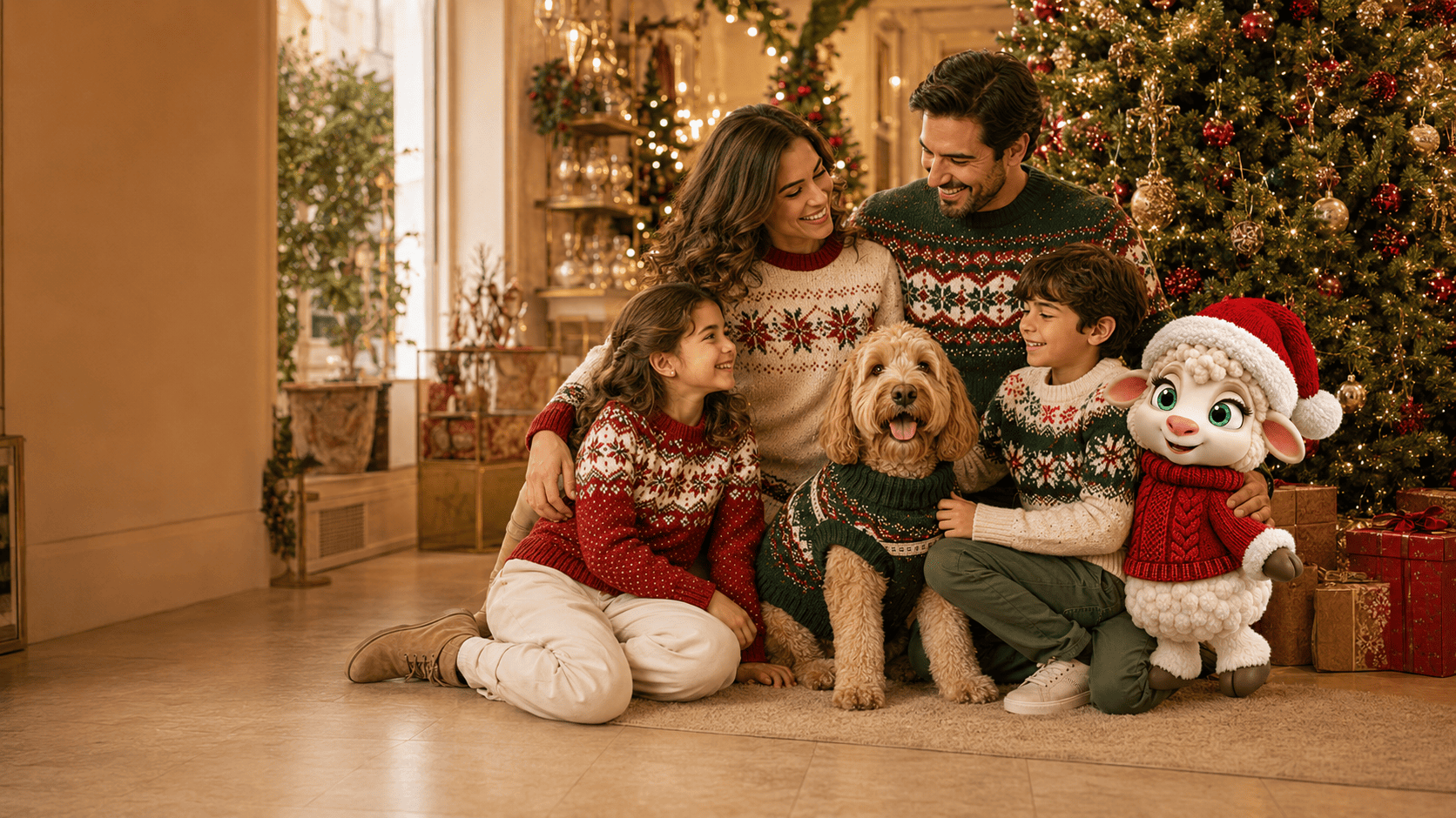 Familia completa con buzos navideños coordinados, mascota y Navi