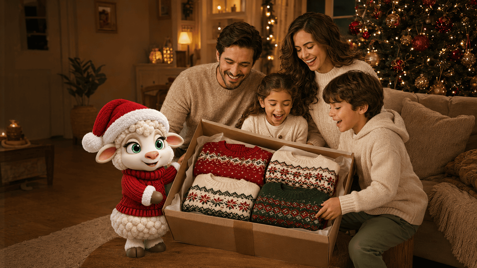 Familia recibiendo un pedido de buzos navideños coordinados con Navi