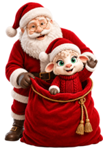 Papá Noel y Navi atendiendo pedidos de sacos navideños